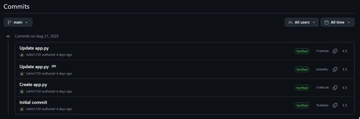 GitHub commit history on tuhin1729/tg-bot revealing the Flag 1 secret in a commit message
